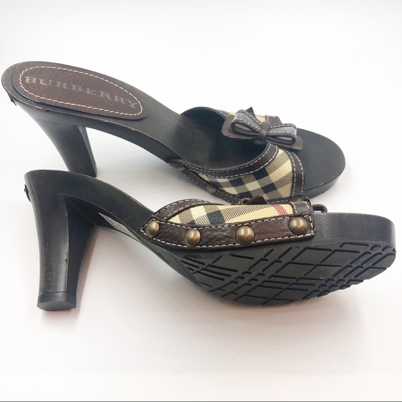 Burberry Nova Check Heels Sandal 37 Wood Open Bow - Picture 1 of 7